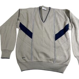 Gabicci Men M Tan Blue V Neck Wool Blend Made in Italy Sweater VTG  Jumper Retro